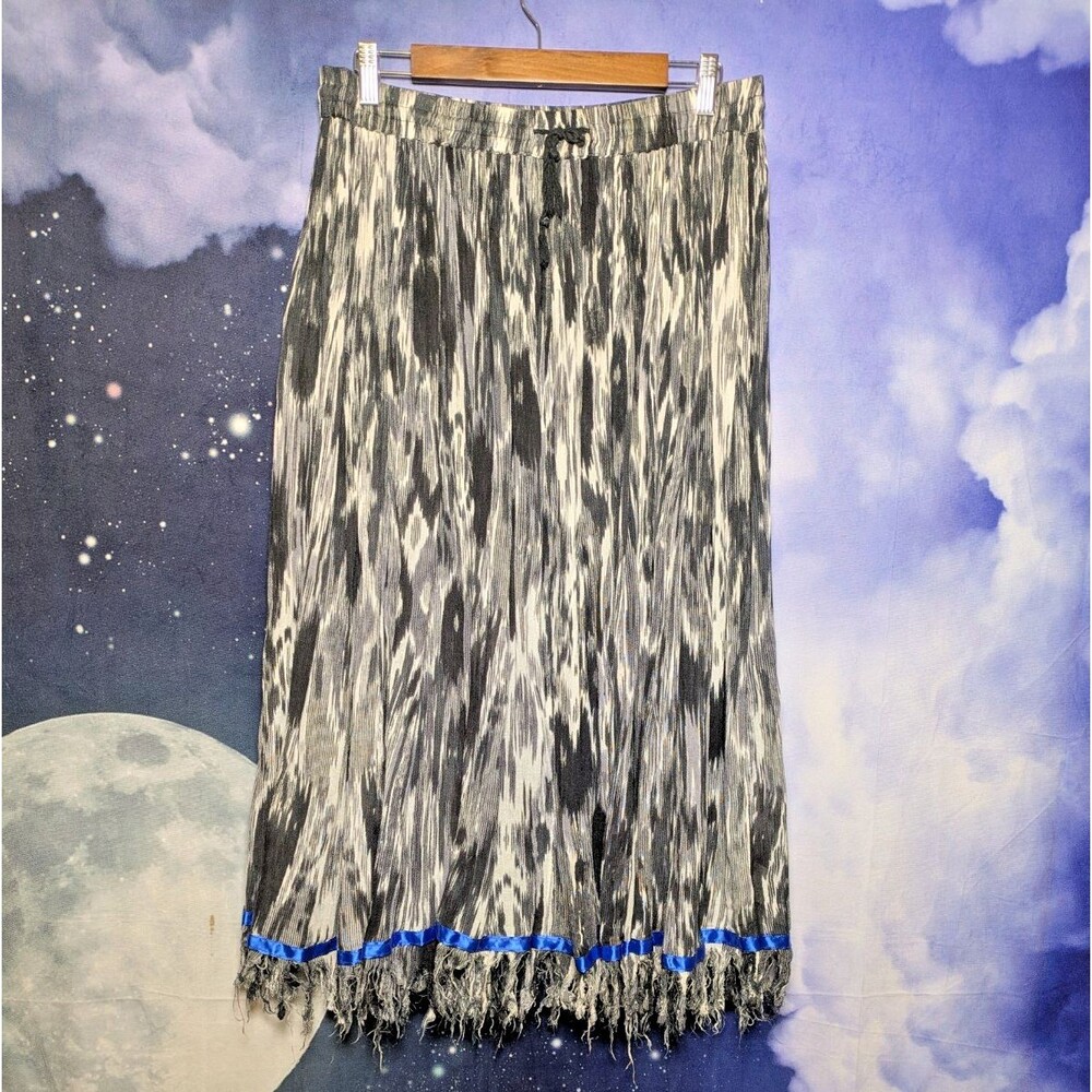 Black White Ikat Fringe Maxi Skirt Size Large Boho Festival Hippie Gypsy Witchy